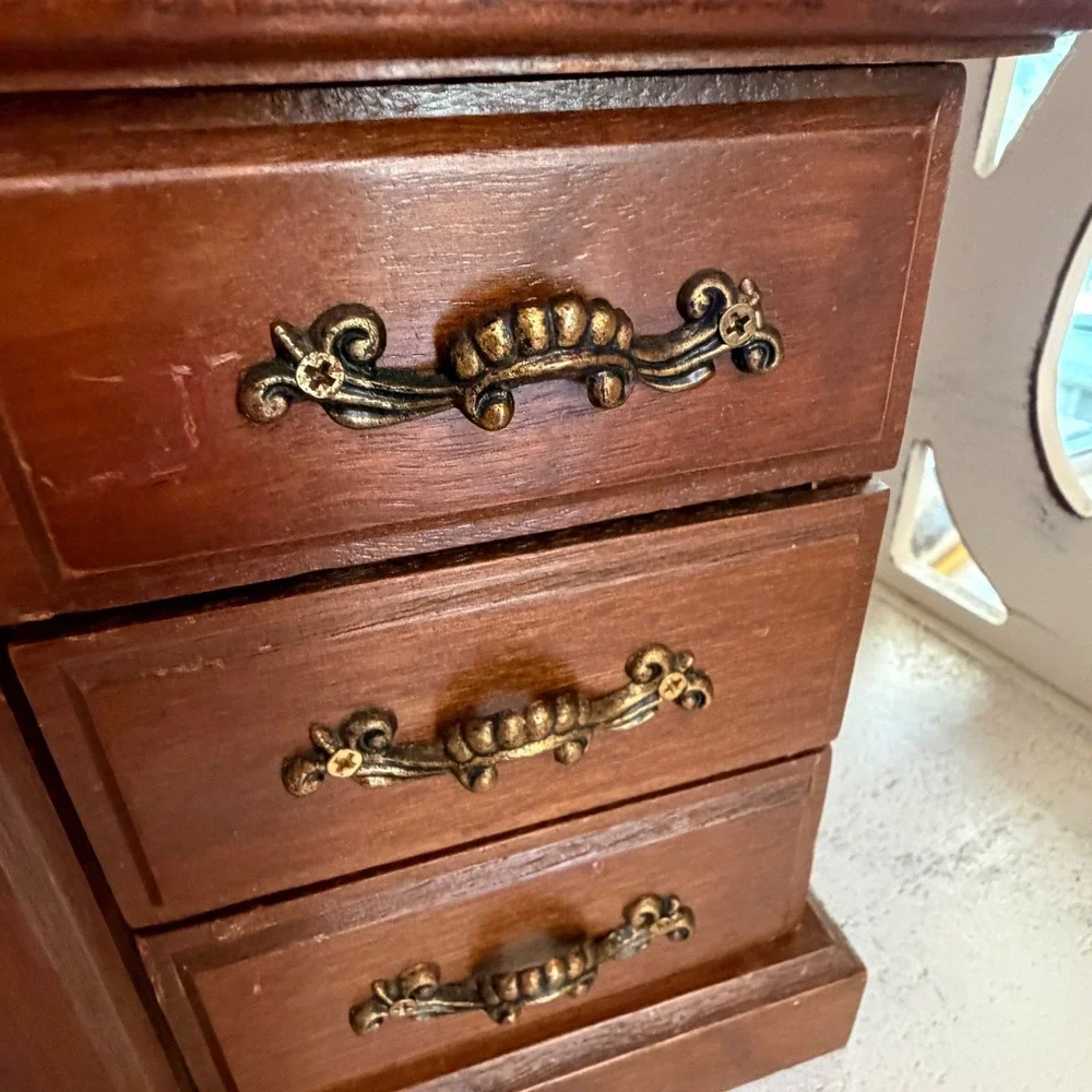 Vintage Wooden Jewelry Box Miniature Dresser Chest Mirror Ring Drawer Organizer